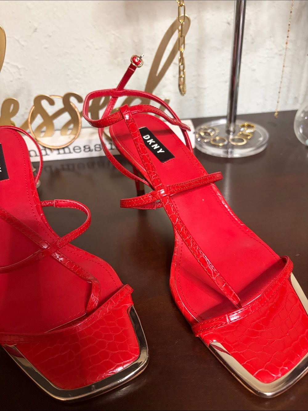 DKNY Red Strappy Faux-Croc Square-Toe Heels